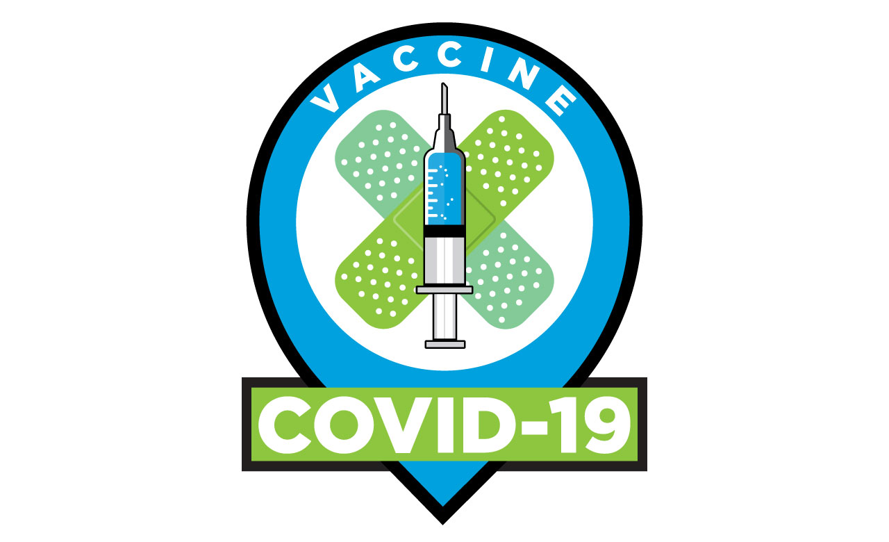 Graphic containing a syringe, two crossed bandages, and text reading "COVID-19 vaccine"