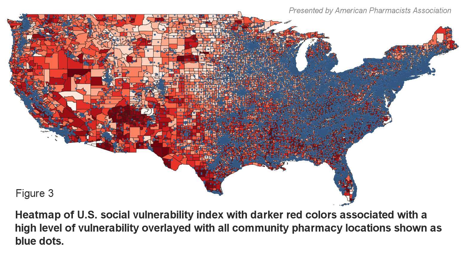 Figure 3: Heatmap of U.S. social vulnerability index with darker red colors associated with a high level of vulnerability overlayed with all community pharmacy locations shown as blue dots.