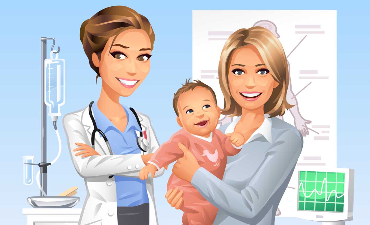 Illustration of doctor with mother and child.