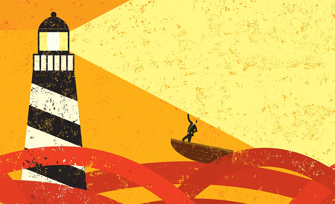 Illustration of a lighthouse guiding a ship in a sea of red tape