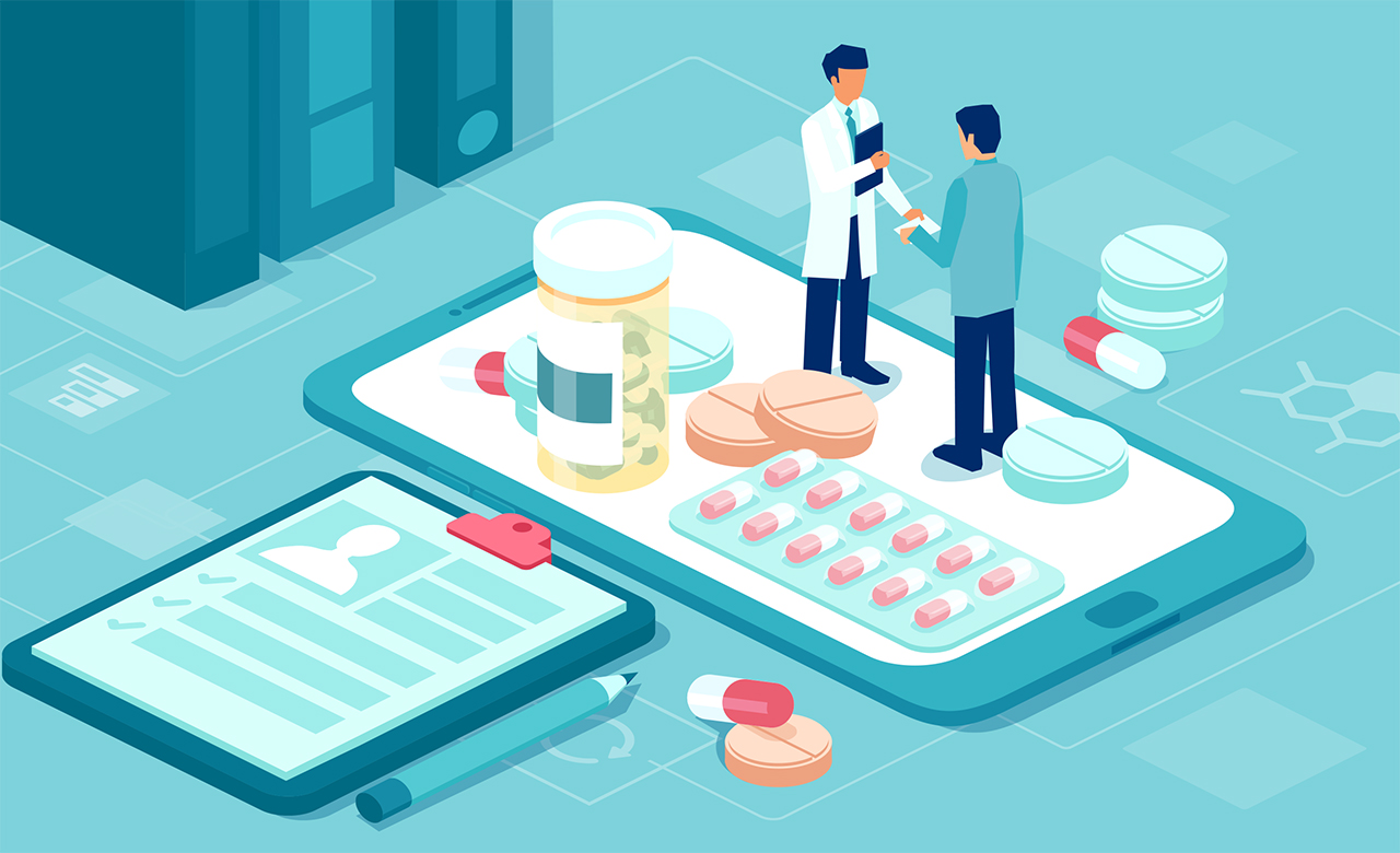 Illustration of pharmacist and patient immersed in a digital pharmaceutical environment.