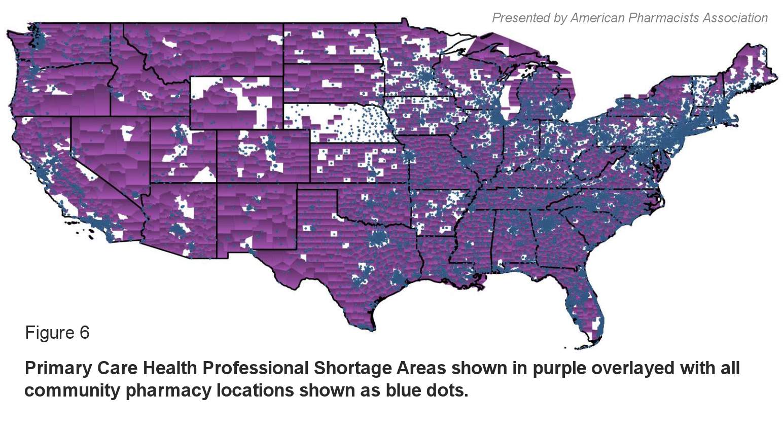 Figure 6: Primary Care Health Professional Shortage Areas shown in purple overlayed with all community pharmacy locations shown as blue dots.