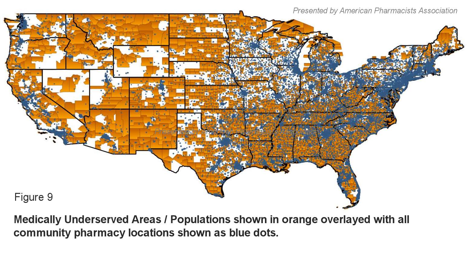 Figure 9: Medically Underserved Areas / Populations shown in orange overlayed with all community pharmacy locations shown as blue dots.