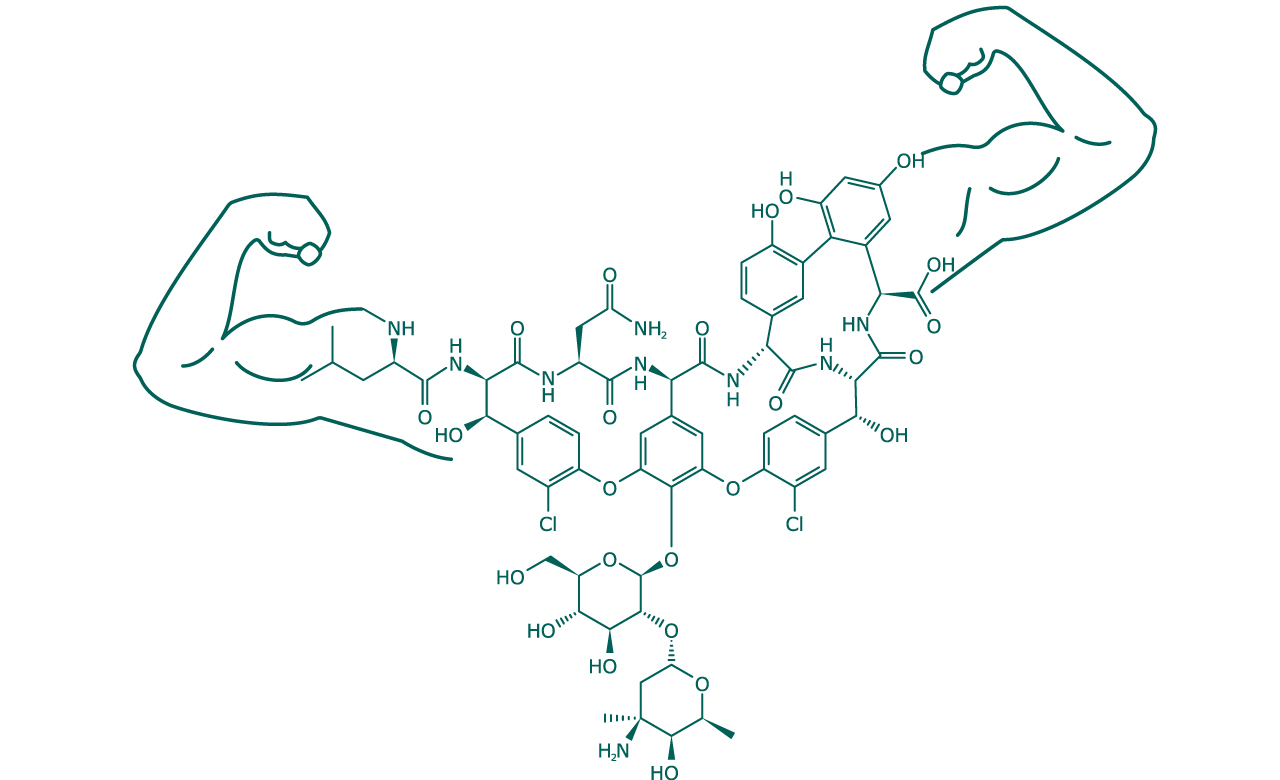 An illustration of a vancomycin molecule with muscular arms added, giving it the appearance of a torso. 