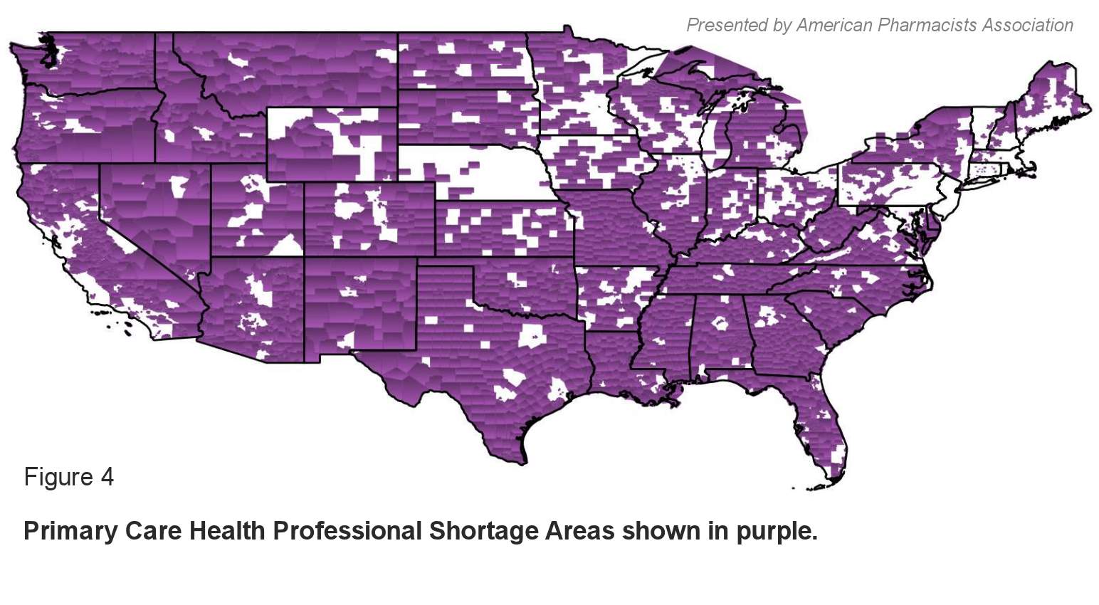 Figure 4: Primary Care Health Professional Shortage Areas shown in purple.
