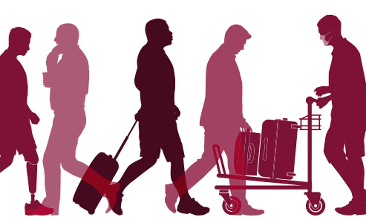 Illustration of travelers walking with luggage.