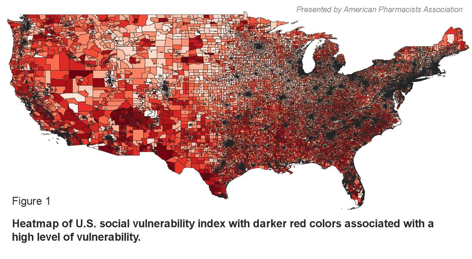 Figure 1: Heatmap of U.S. social vulnerability index with darker red colors associated with a high level of vulnerability.