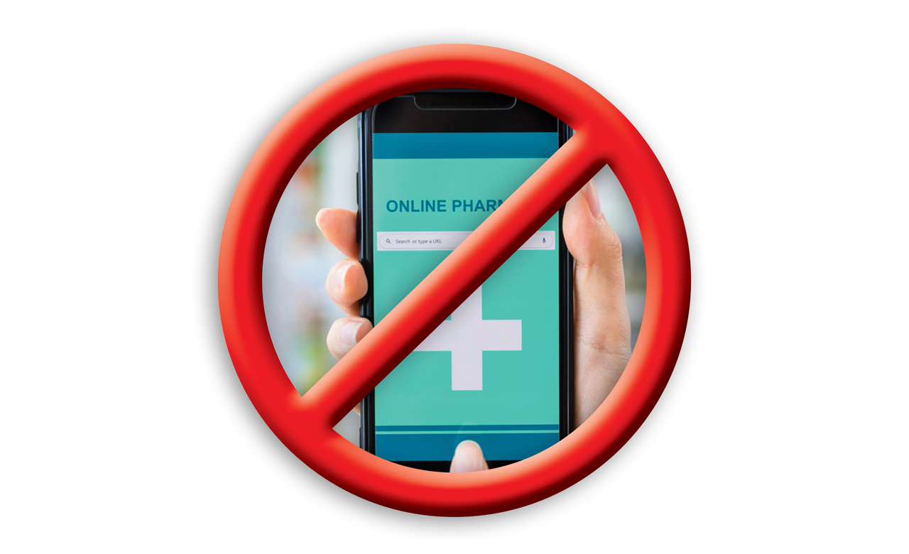 Photo of hand holding a smart phone with browser open to an online pharmacy site and a "Universal No" symbol on top.