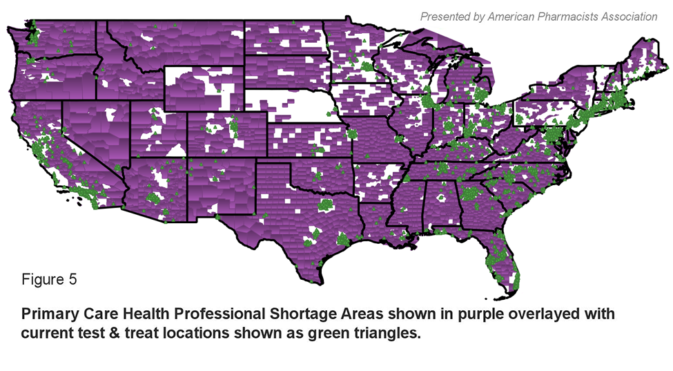 Figure 5: Primary Care Health Professional Shortage Areas shown in purple overlayed with current test & treat locations shown as green triangles.