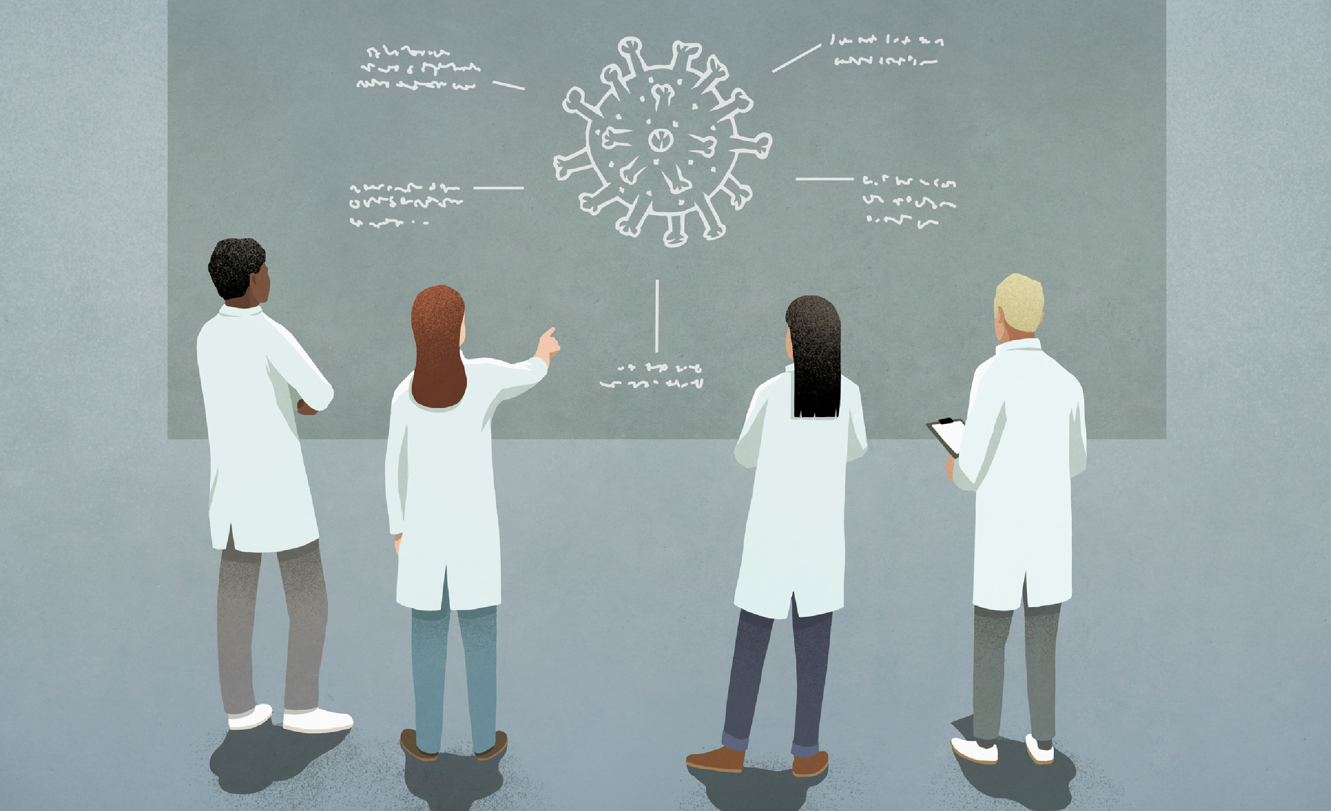 An illustration of four individuals seen from behind, all wearing coats. They are looking at a diagram of a covid virus drawn upon a chalkboard