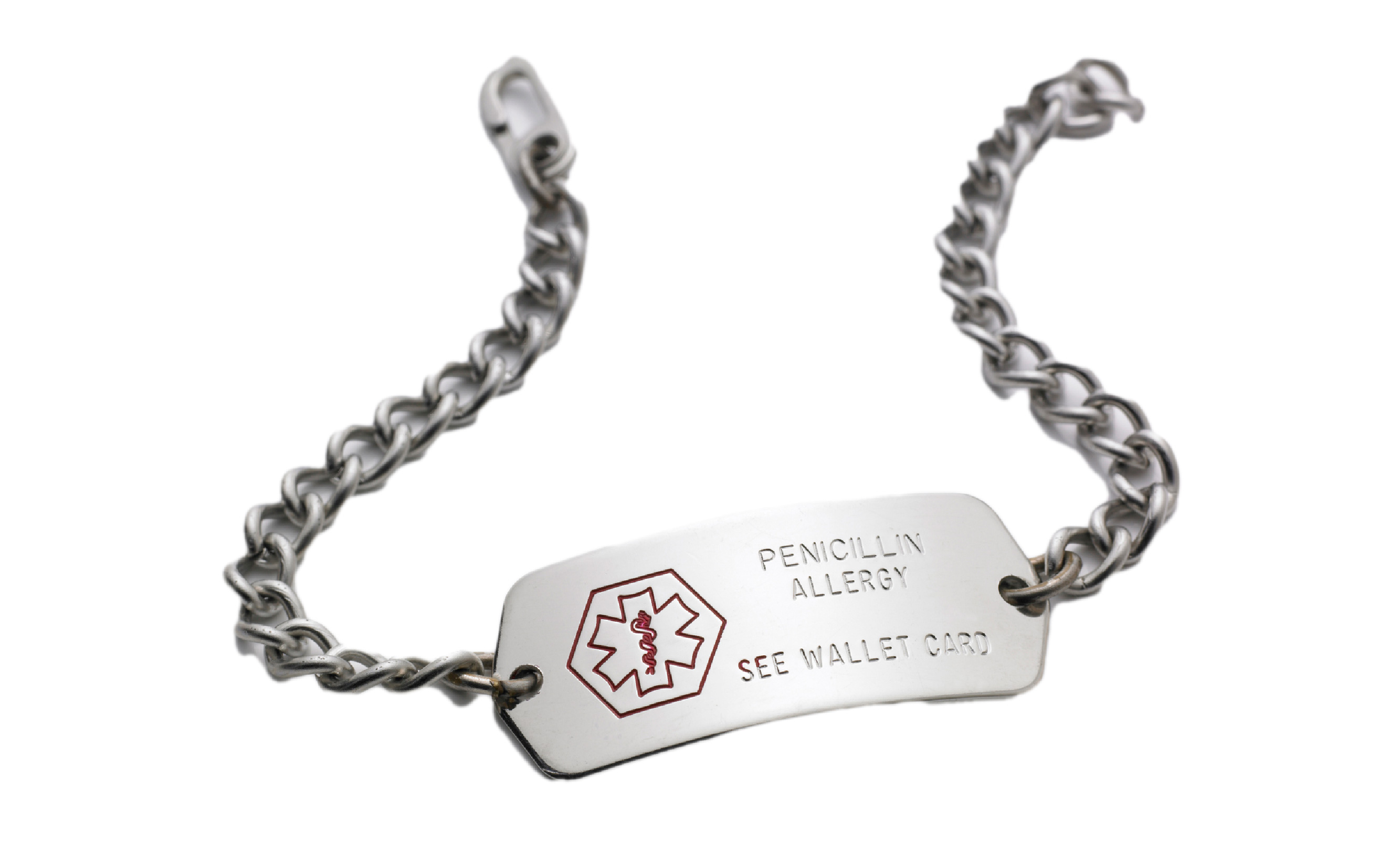 a medical ID bracelet identifying a penicillin allergy 